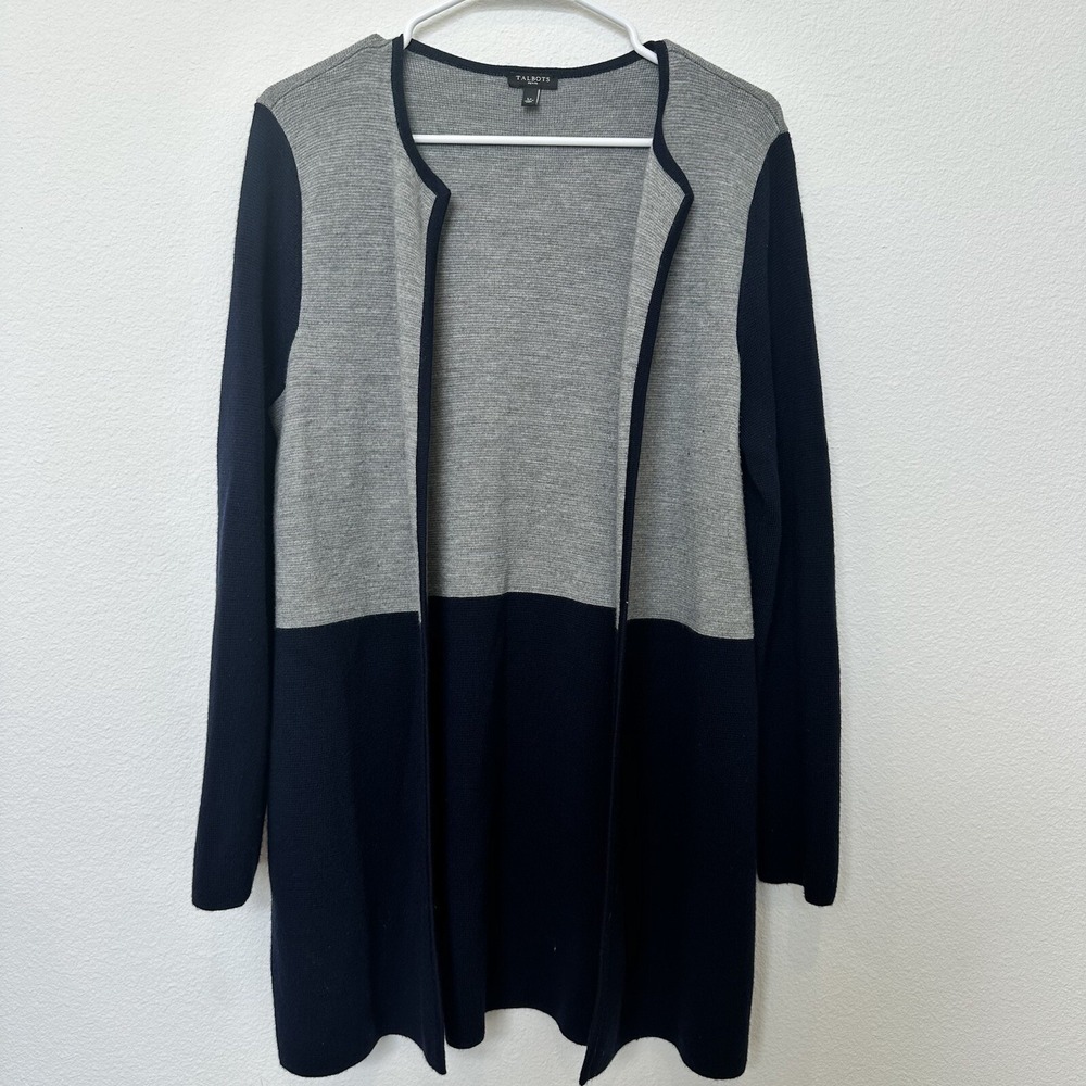 Talbots Color Block Wool Blend Longline Cardigan‎ Navy and Gray Large Petite